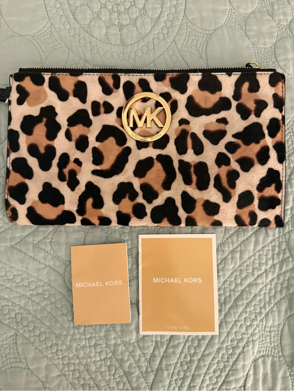 Michael Kors Leopard Print Zip Clutch in Brown Black Beige with Gold Logo